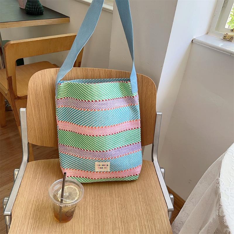 

4 Spring and summer new color woven bag striped splicing large capacity beach vacation messenger bag underarm shoulder bag