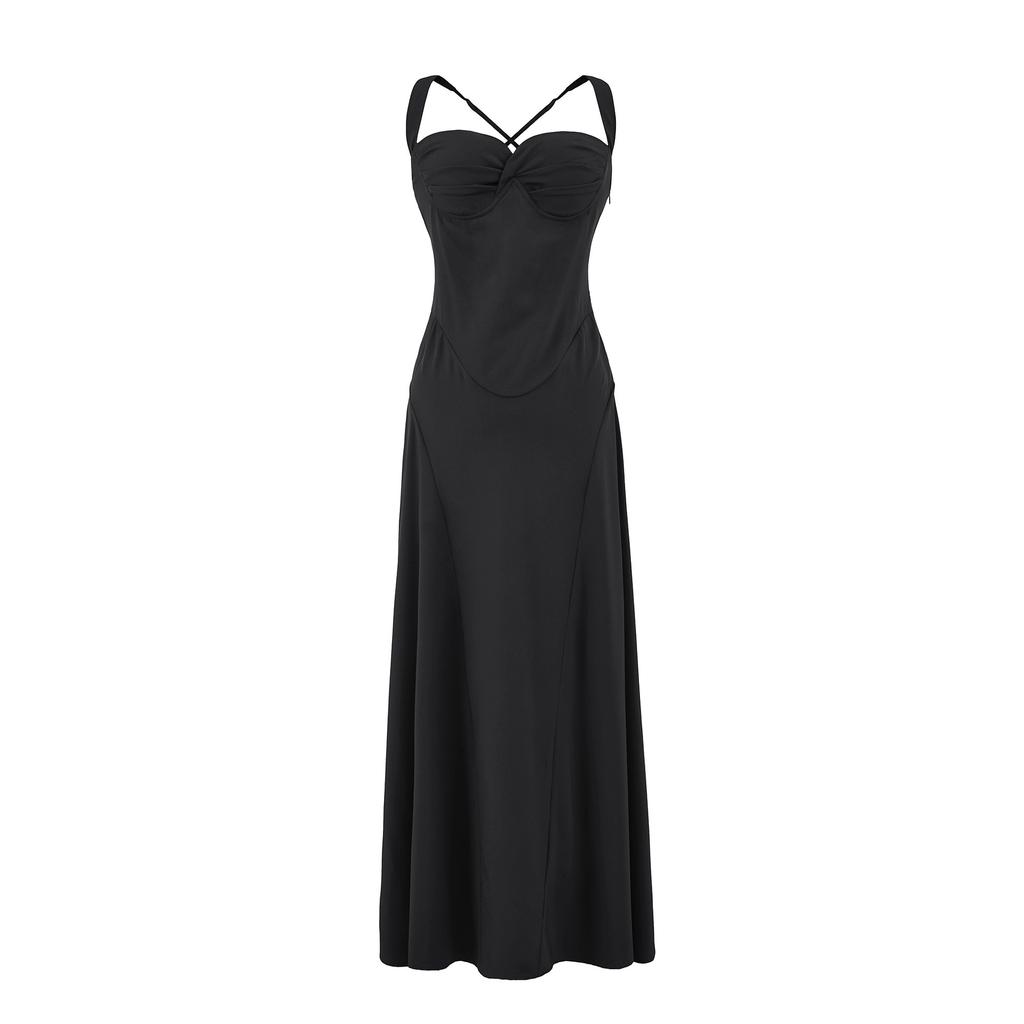 Women's new cross-back French temperament waist thin suspender dress dress