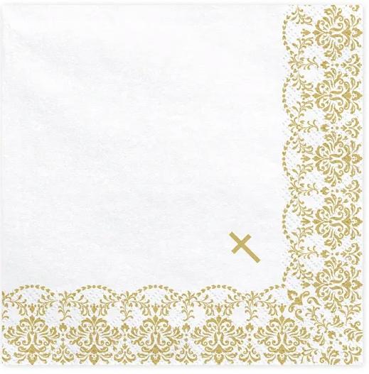 Communion Napkins White Gold Ornament Holy Communion Cross 33X33Cm 20 Pcs