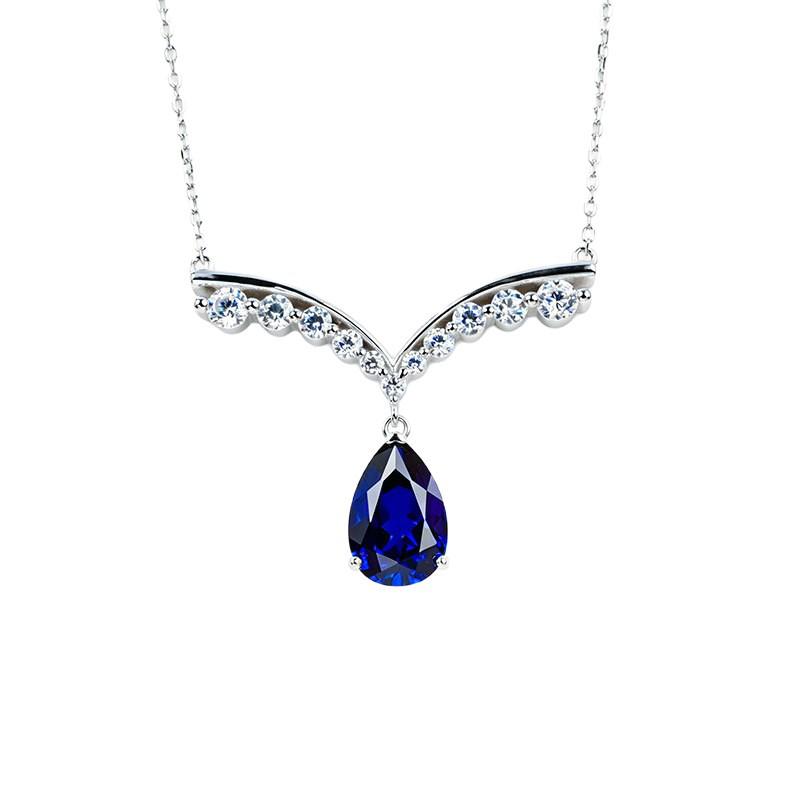 V-shaped S925 Sterling Silver Pendant Necklace with Cubic Zirconia & Sapphire Water Drop for Evening Wear and Birthdays