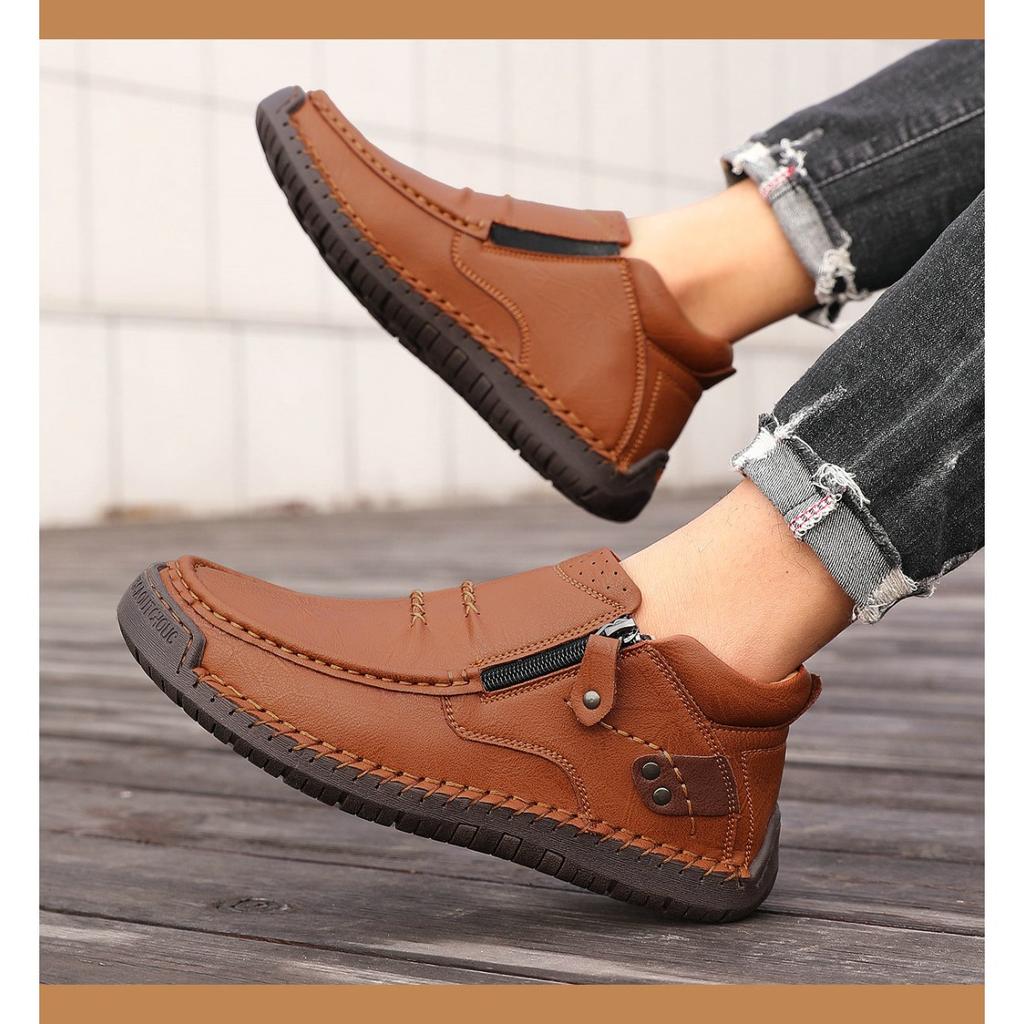 Oversized Men's Outdoor Casual Shoes, Flat Bottomed Handmade Stitched Leather Shoes, High Top Oversized Shoes, Boots