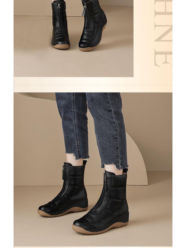 Damskie ocieplane polarem śniegowce z prawdziwej skóry, antypoślizgowy koturn, gruba podeszwa, kaszmirowe botki - Jesień/Zima 2025.