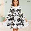 Little Girls White High Neck Fuzzy Trim Long Sleeve Tie Waist Motorcycle Printed A Line Flared Dress