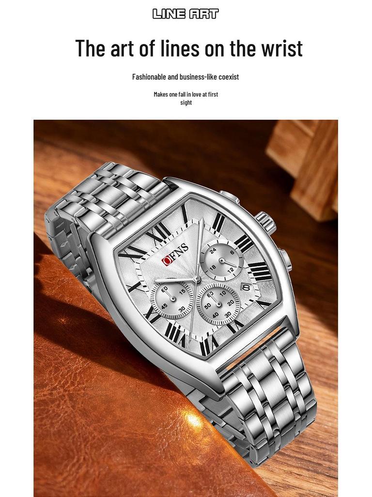 OFNS Men's Barrel-Shaped Waterproof Quartz Watch - Multifunctional Calendar with Three-Eye, Six-Hand Design, Casual Style.