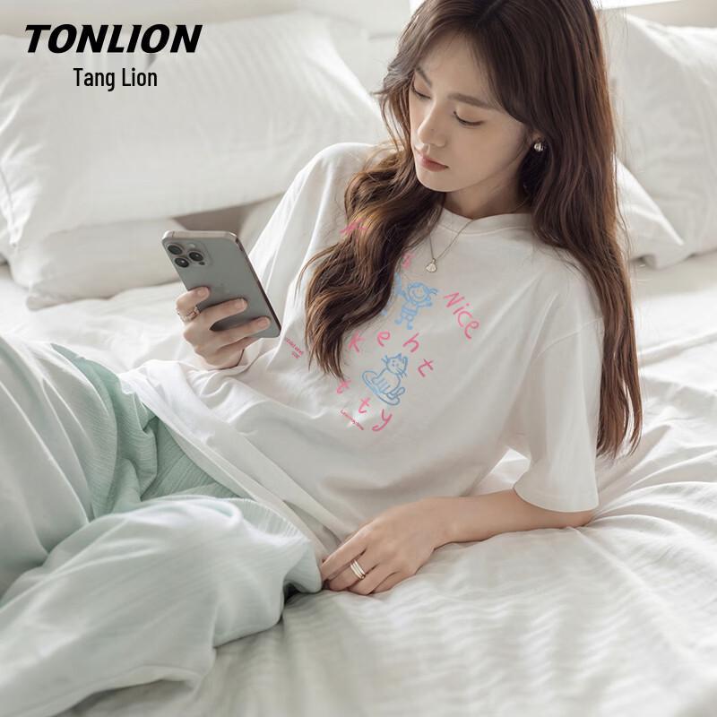 TonLion Women s Pure Cotton Loose Fit Sketch Cat T-shirt XL
