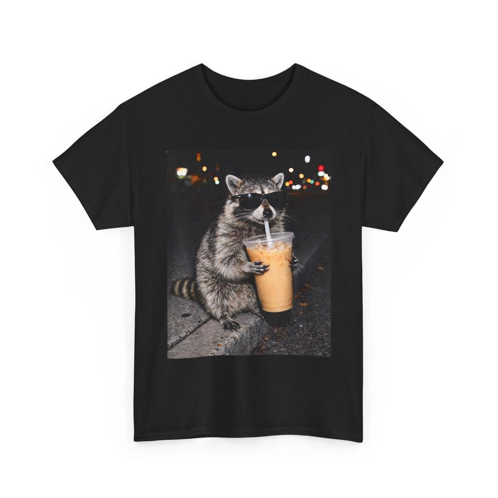 Raccoon Funny Shirt, Raccoon Drinking Ice Coffee Animals Memes Shirt S