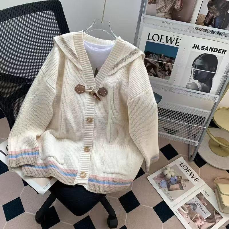 

Navy collar retro horn buckle cardigan sweater women s autumn and winter new outer wear loose lazy wind knitted jacket average size