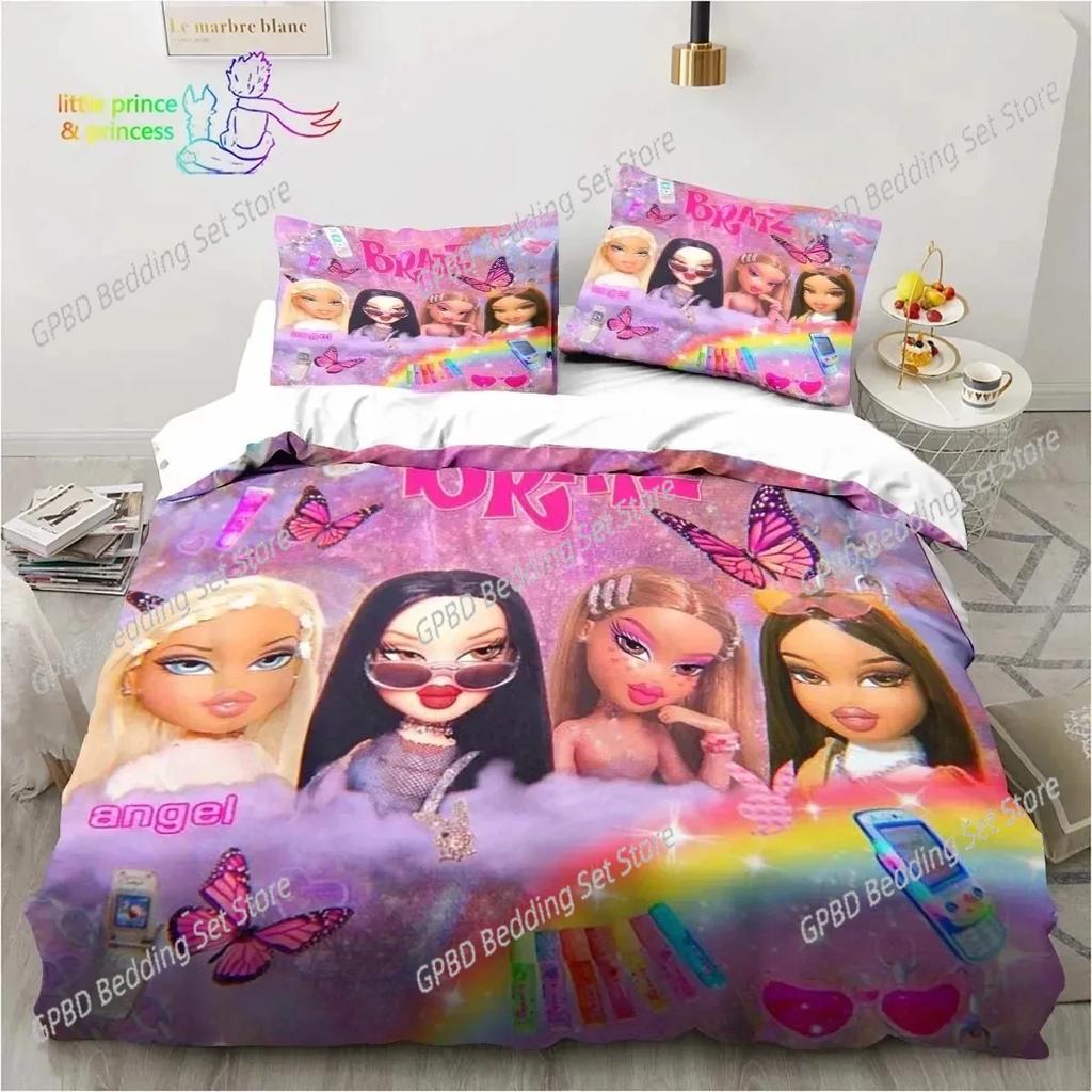 Cartoon Bratz Puppe Bettwäsche-Set Für Schlafzimmer Weiche Moderne Bettüberwürfe Bequeme Kinder Bettbezug Steppdeckenbezug Und Kissenbezug