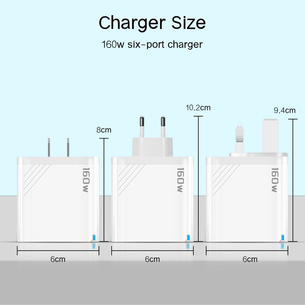 6 Anschlüsse 160W Ladestecker USB A+C Mehrfachanschluss-Ladegerät für iPhone/Xiaomi/Samsung