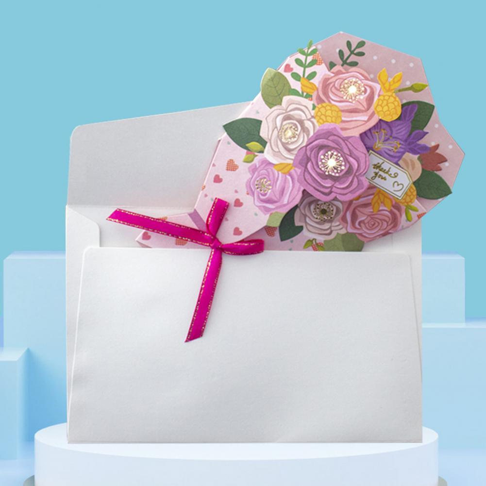 1 Set Greeting Card DIY Handwriting Paper Art 3D Folding Flower Pop Up Mother's Day Card with Envelope Anniversary Gifts Present