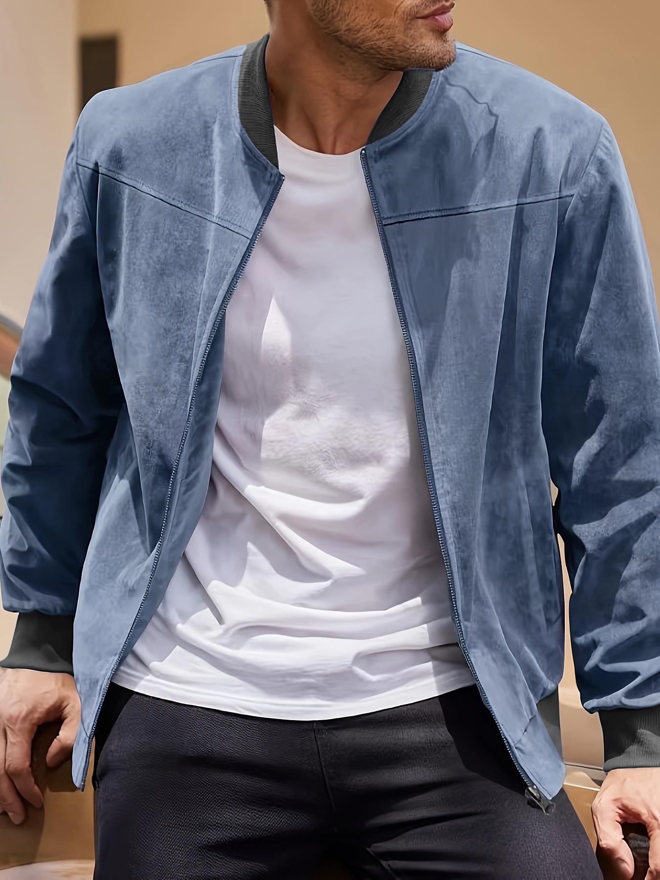 

2025 Spring/Autumn Men s Suede Sports Jacket - Stand Collar, Zipper, Color Block Design 2XL світло-синій колір