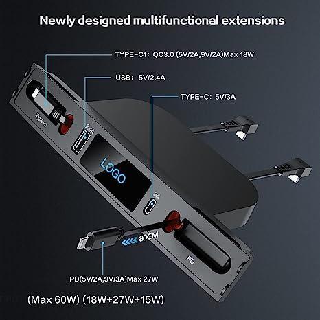 Multi-Port Car USB Charger Hub for 2021-2023 Tesla Model 3/Y, 4 in 1 USB Docking Station with 2 PD Fast Charging Cables, 2 USB