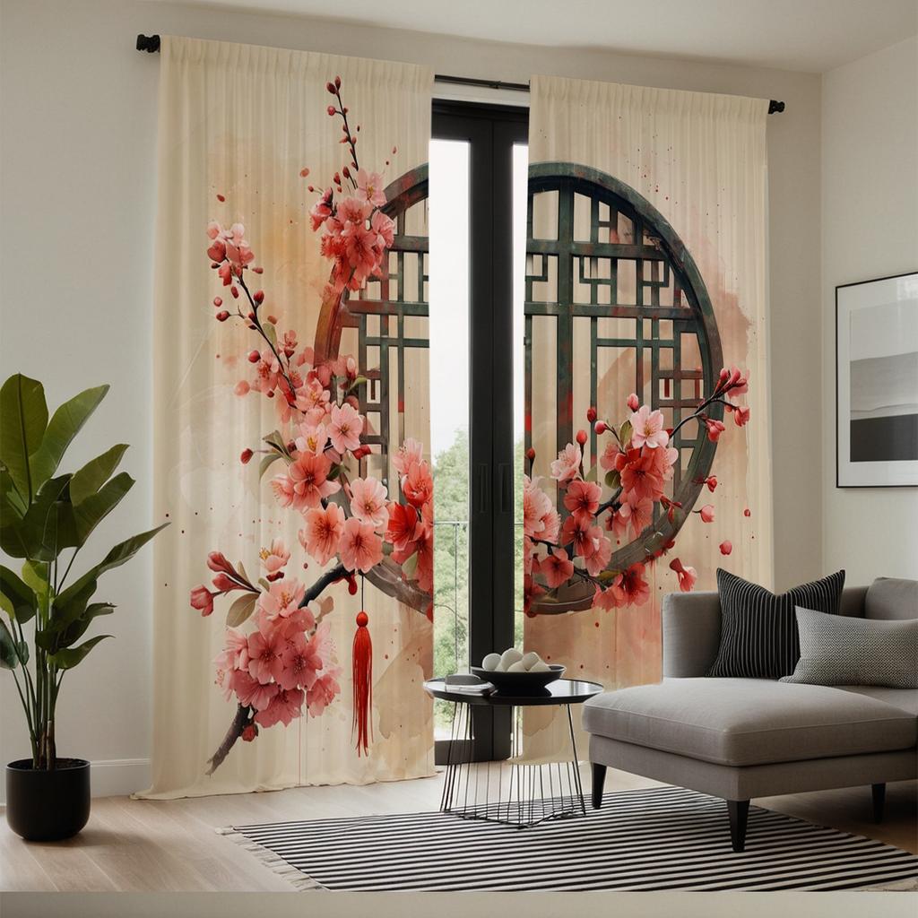 Sakura Curtains Hd Digital Print Sheer Polyester Living Room Bedroom Asian Design Pocket Rod Top Elegant Darkening Made Of Window Treatment
