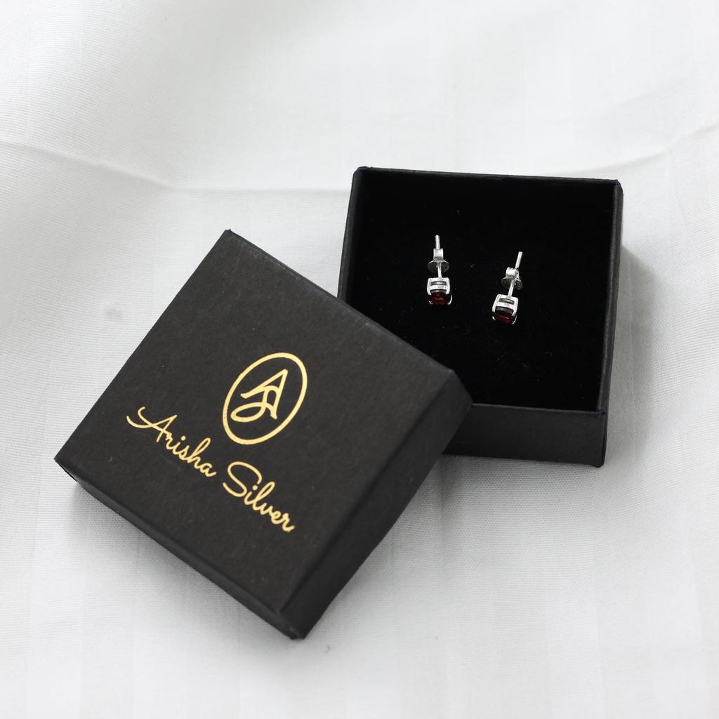 Faceted Red Garnet Silver Stud Earring 925 Sterling Silver Handmade Jewelry Gift For Her