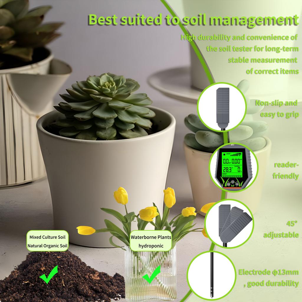 6 In 1 Soil Meter Digital pHECLightMoistureFertility Temperature Tester Thermometer Removable