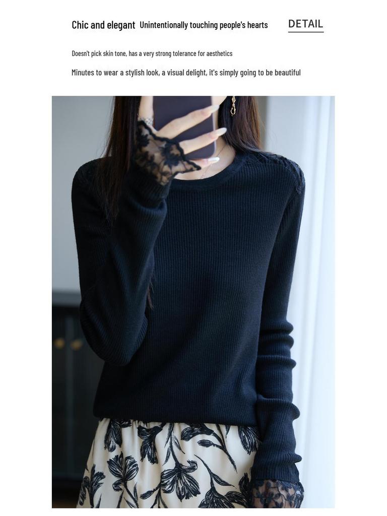 Černý krajkový patchworkový zeštíhlující svetr: Dámský pletený top s krajkovým lemem pro podzim/zimu