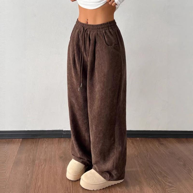 

Women s Retro Corduroy Wide Leg Pants High Waist Elastic Waistband Loose Casual Trousers with Side Pockets S коричневий