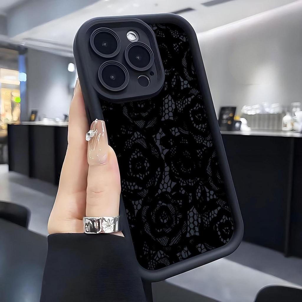 Černý krajkový drážkovaný ochranný kryt na telefon iPhone 14/15/16/17 Pro Max