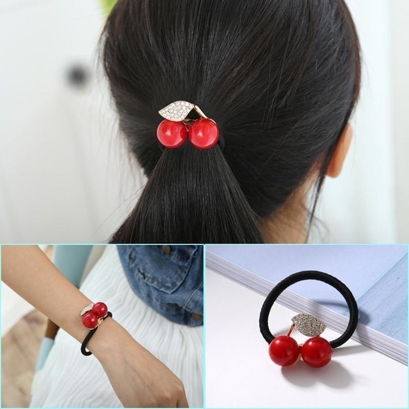 1Pc Women Girls Cherry Leaves Pearl Fashion Hair Rope Ladies Red and White Hair Accessories (Color Random)