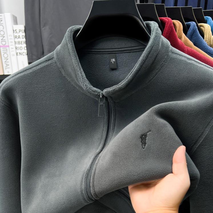 Men's Double-Sided Berber Fleece Stand Collar Jacket with Embroidery – Classic American Style