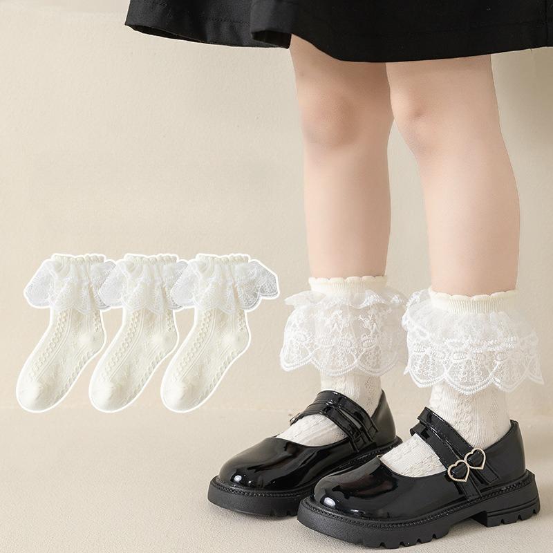 3 Pair/set White Lace Trim Girls Socks Pure Cotton Princess Socks for Kids Soft Beige Color School Lolita Calf Socks for Toddler