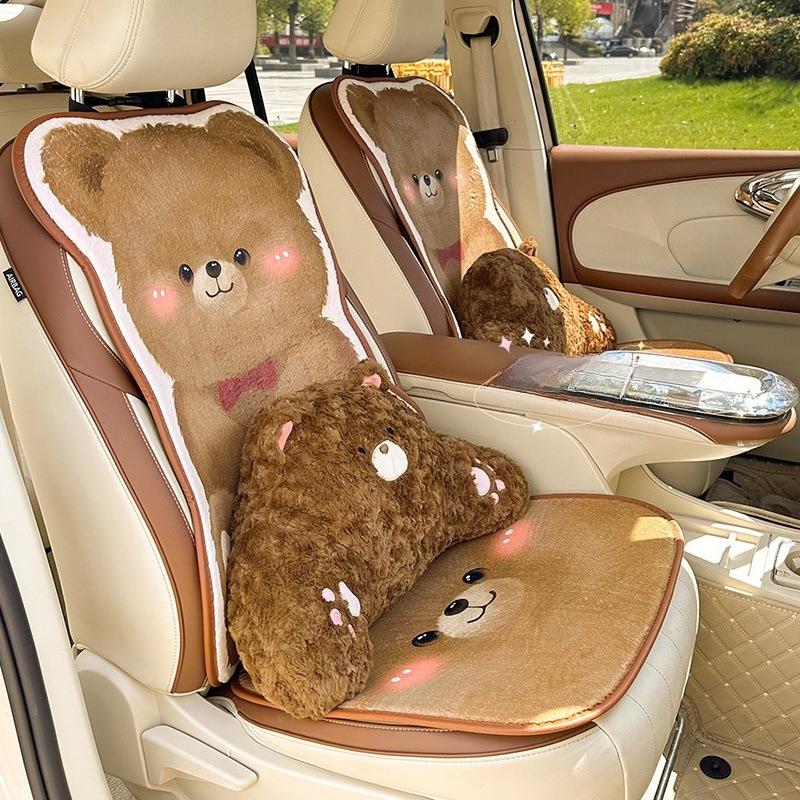 Cartoon Furry Cute Bear Plush Car Seat Covers Mat Universal Car Seat Cushion Car Pillow Auto Interior Accessories Seat Supports