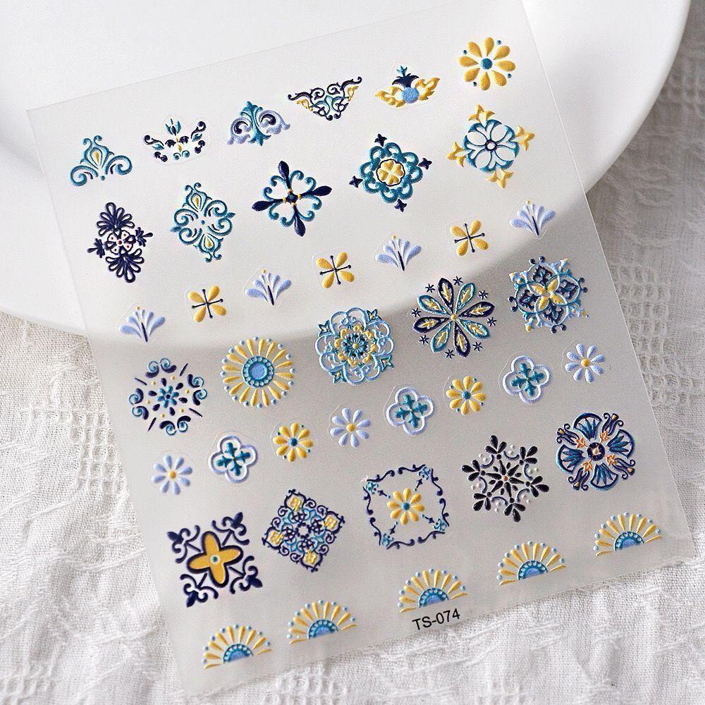 T New 5D Bohemian Ethnic Style Nail Art Sticker Relief Three-dimensional Painted Print Small Pattern Glue Nail