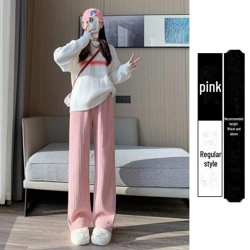 Women's High Waist White Chenille Wide-Leg Pants with Wheat Ear Pattern, Velvet Lined for Spring, Autumn, and Winter 2023.