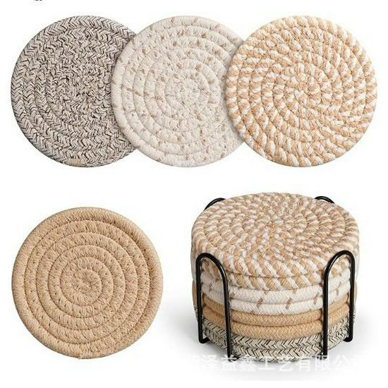 Cotton Rope Coasters with Storage Rack - Multiple Styles for Coffee or Dining Table Heat Insulation.