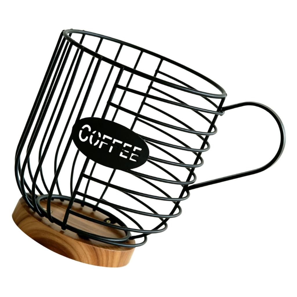 Metal Coffee Pod Wire Basket with Wooden Base Large Capacity Coffee Pod Holder for Kitchen Countertops Office Coffee