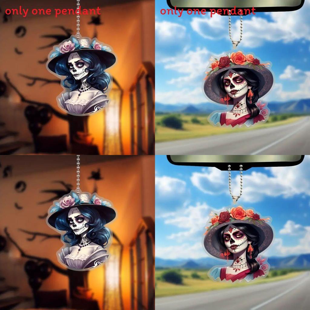 Car Decor Acrylic Halloween Cartoon Skull Flower Hat Design Pendant With Beaded Chain For Auto Interior
