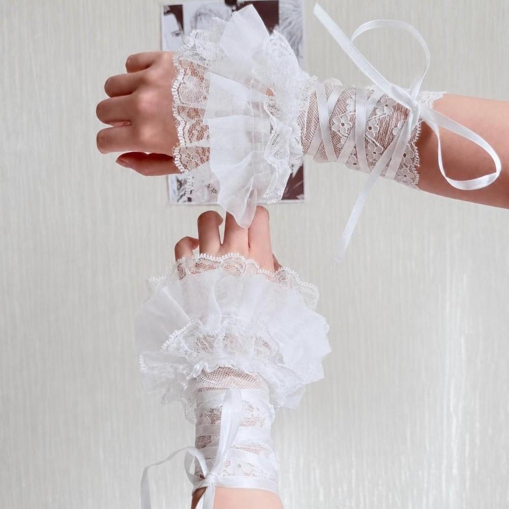Ruffled Lace Lace Arm Sleeves Ribbon Tie Wrist Cuffs Y2K Fashion Fake Sleeves  Anime Costume