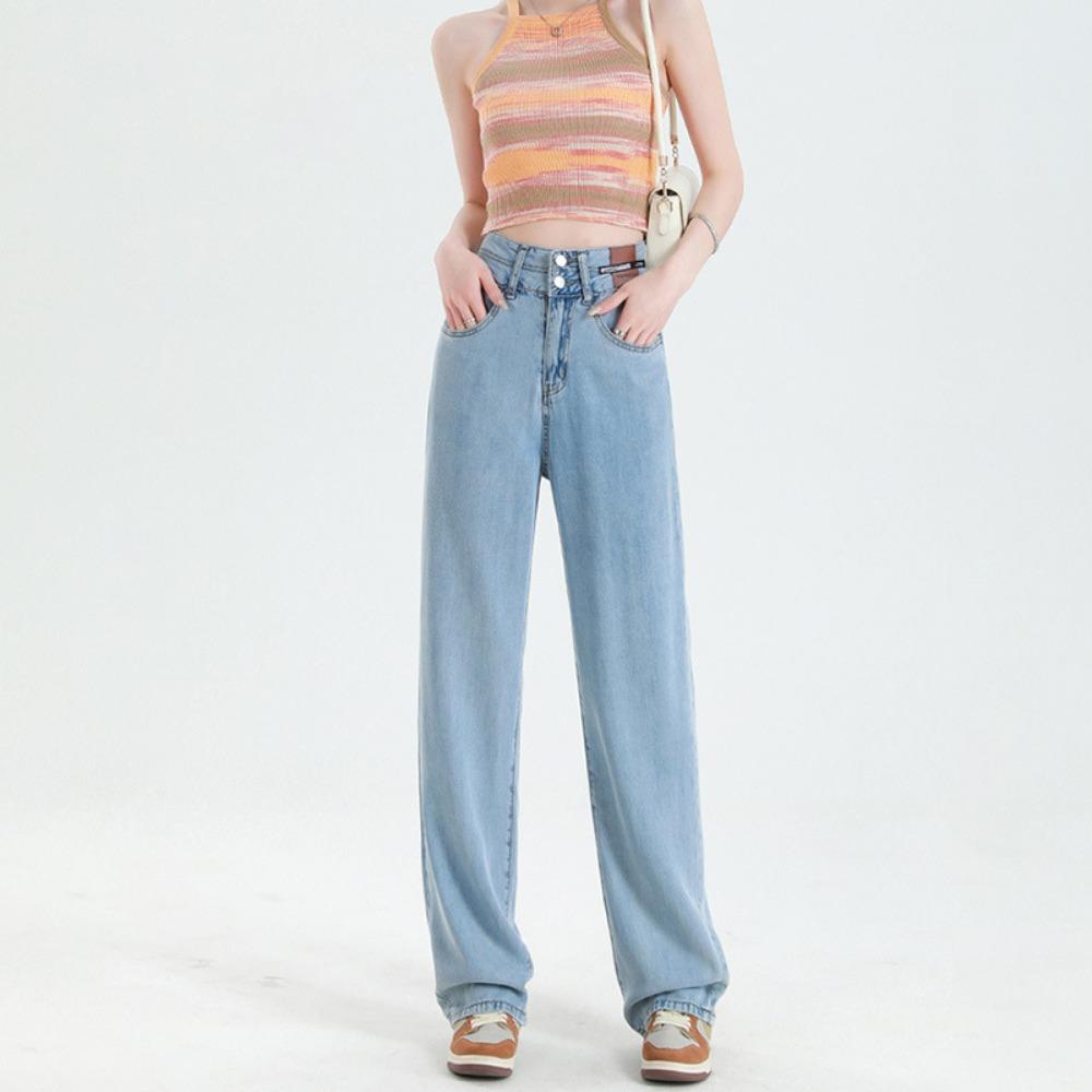 

Повседневные корейские джинсы женские весенне-осенние новые персонализированные с высокой талией и тонким драпированным прямым мопом широкие брюки 2XL светло-синий