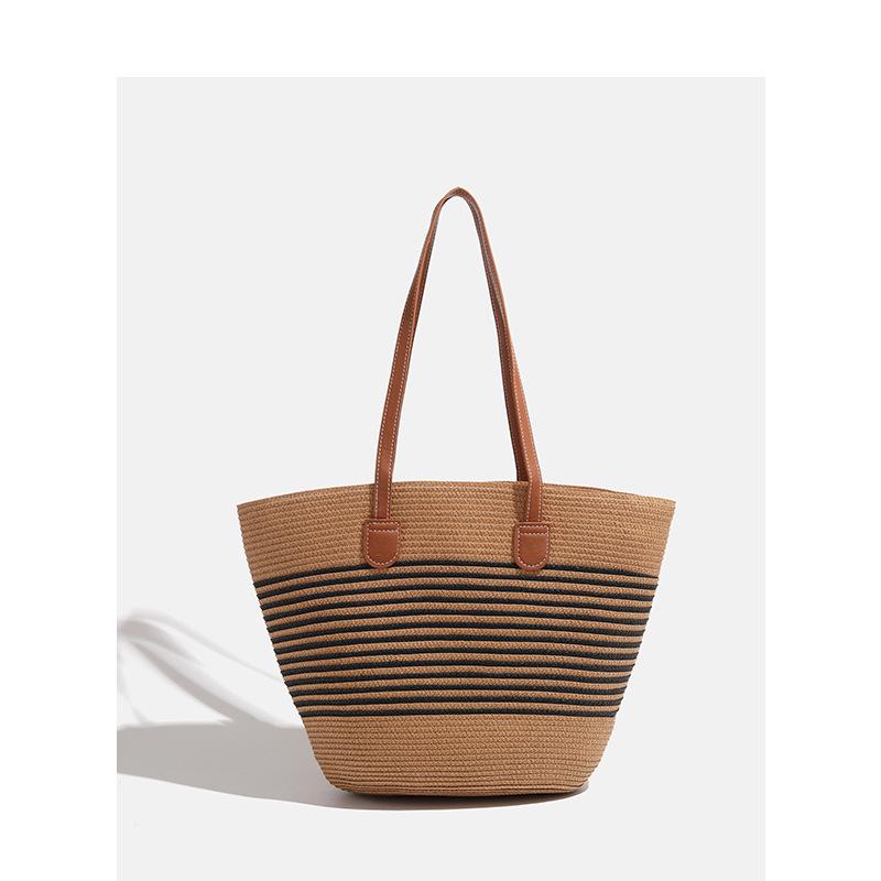 

Новая контрастная пляжная сумка для отпуска на море, соломенная сумка большой вместимости, модная универсальная на плечо светло-коричневого
