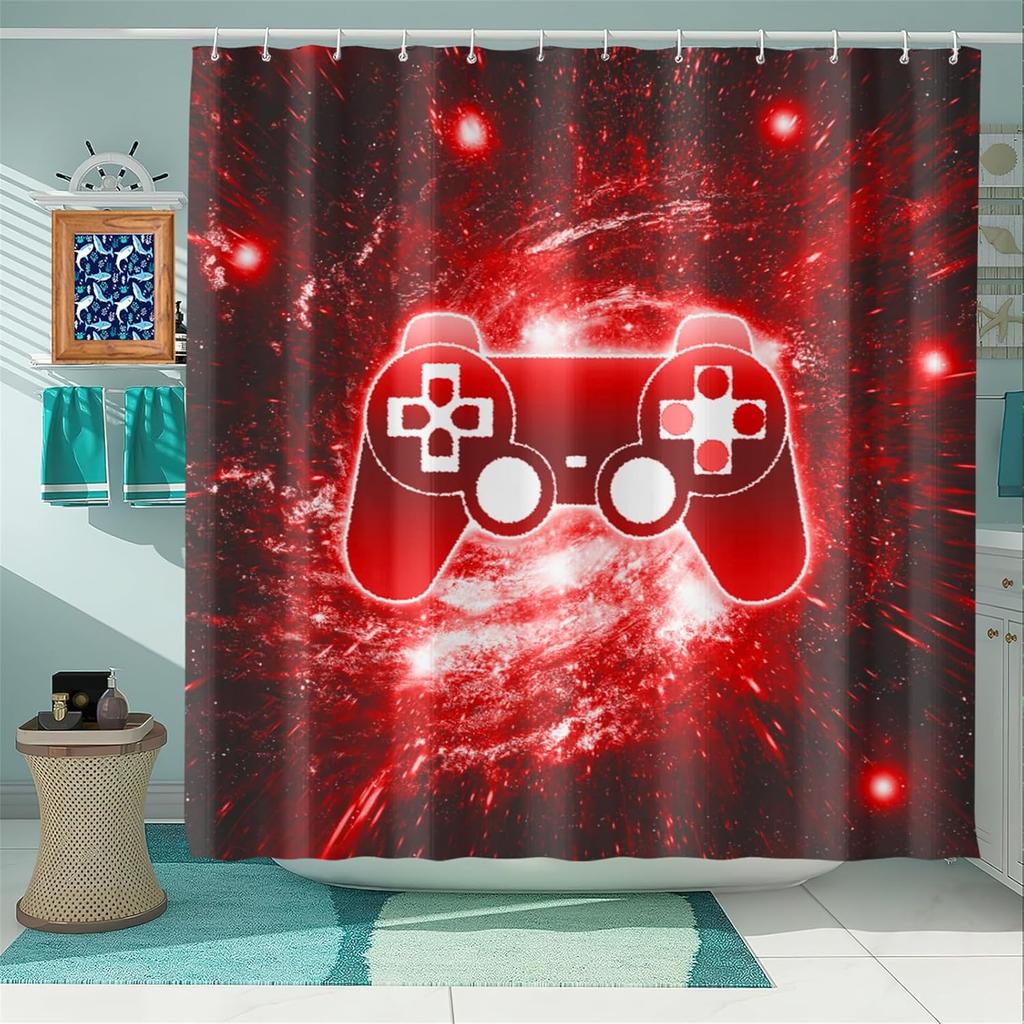 Boy Room Video Gamepad Printed Shower Curtain, Toilet Bathroom Bathtub Decorative Shower Curtain With 12 Hooks