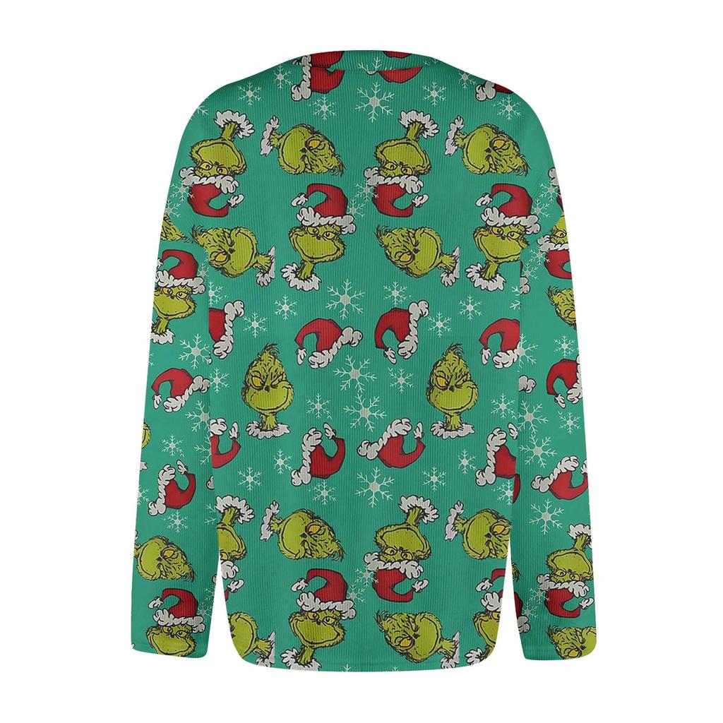 Women's Fashion Casual Knit Sweater Button-Up Christmas Print Cardigan Jacket