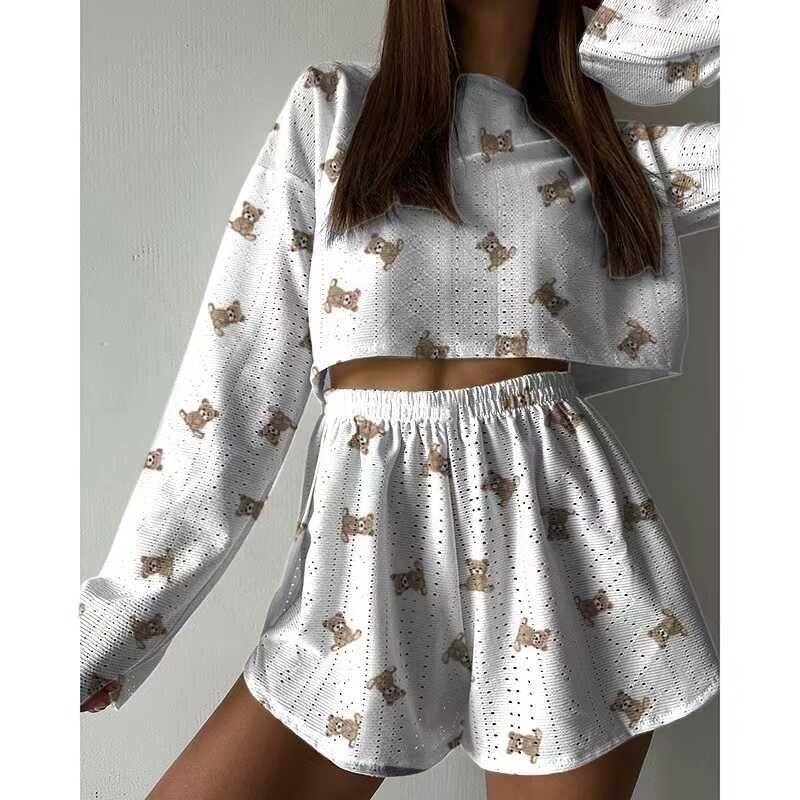 

European and American New Simple Print Top Shorts Set Long Sleeved Top and Shorts Set Bear Print L