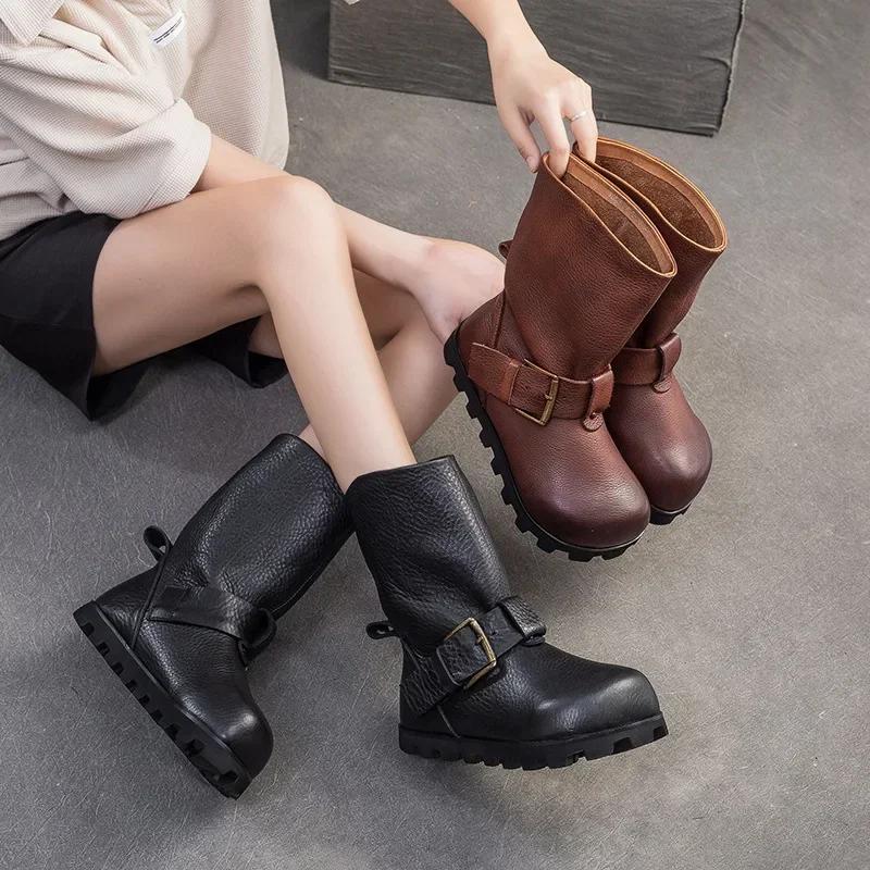 Fashion Top quality Spring Boots Slip on Chimney Ladies Women Shoes Cow Genuine Leather Ankle Booties Autumn Fashion Round Toe Moccasins