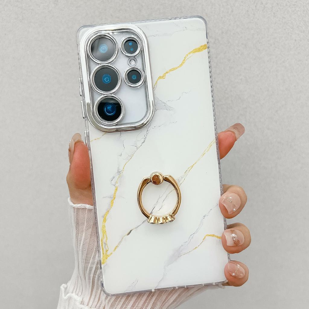 For Samsung Galaxy S25 Ultra Case with Kickstand IMD Marble Pattern Electroplated Phone Cover
