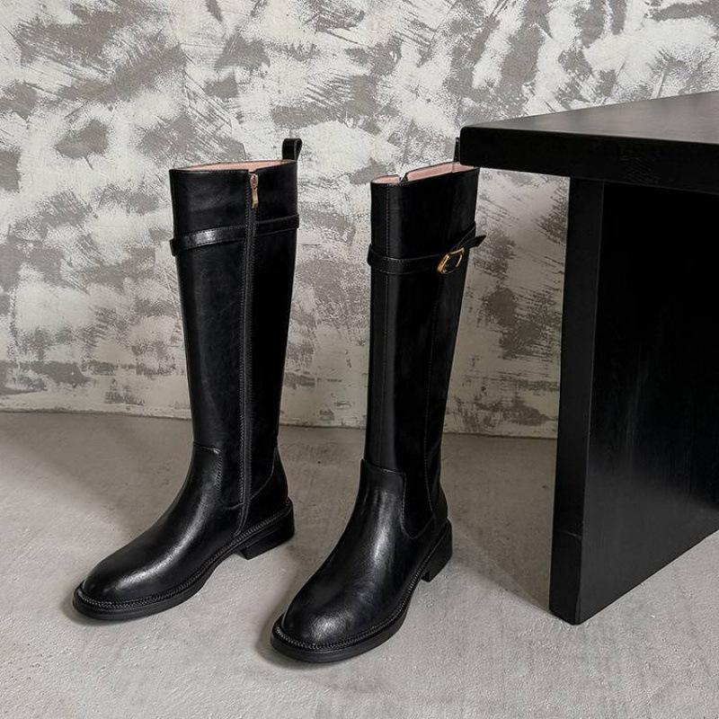 Autumn and Winter Women's Leather High Boots Cowhide Medium Heel Large Size Women's Boots New Round Head Versatile Comfortable Martin Boots Women