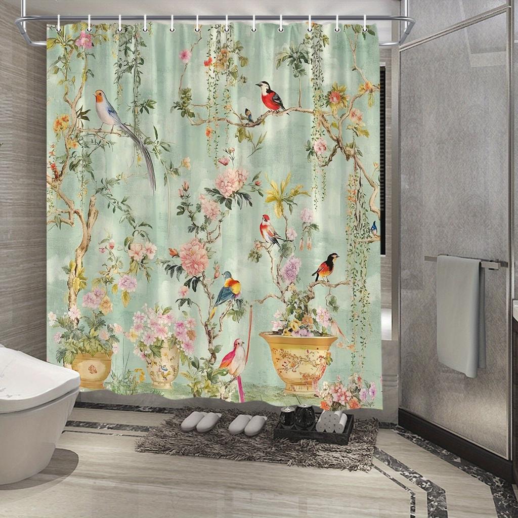 1Pc Vintage Botanical Garden Shower Curtain - Colorful Birds & Flowers, Polyester, 12 Hooks, Waterproof, Bath & Patio Decor