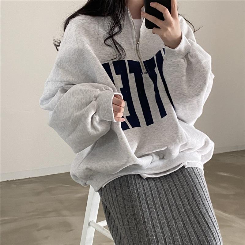 Felpa da Donna con Mezza Zip Stampa Lettere Vestibilità Larga Casual Collo Alto Pullover