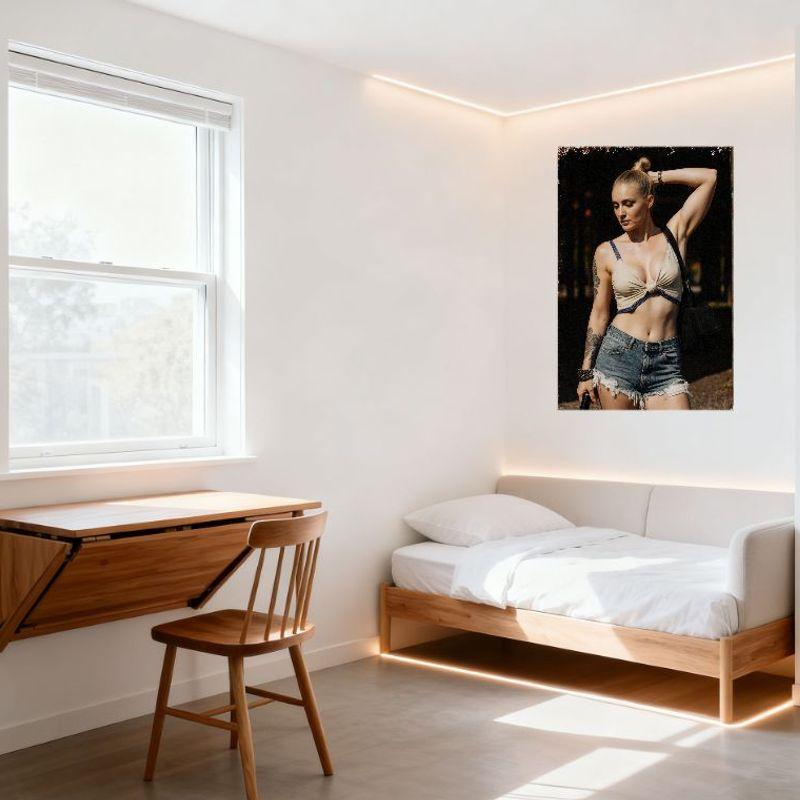 Sexy Blonde High Bun Woman Outdoor Pose Tin Sign Vintage Metal Poster for Bar Pub Home Cafe Wall Decor Beige Crop Top Blue Short
