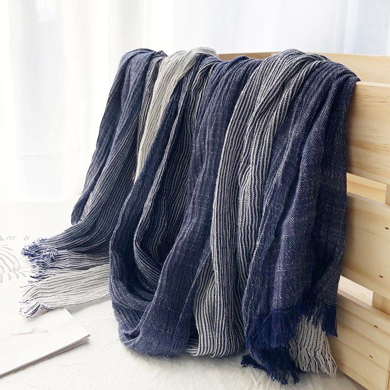 Écharpe Rayée en Coton et Lin Style Littéraire Japonais Coréen Écharpe Couple Mori pour Femmes Quatre Saisons Hommes Tendance