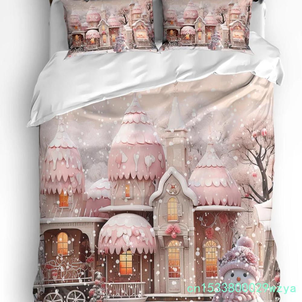 Weihnachten Schneeszene Schneeflocken Wichtel 3-teiliges Bettwäscheset für Doppelbett Heimtextilien Bettbezug Steppdeckenbezug Kissenbezug