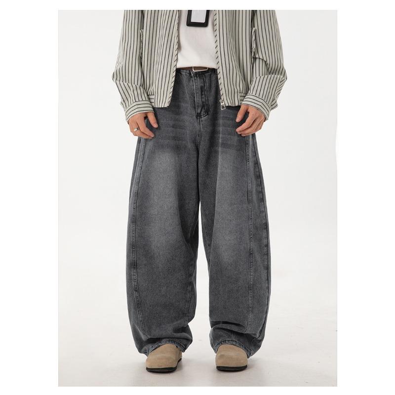 Men Loose Fit Washed Denim Jeans American Vintage Side Split Tapered Long Pants
