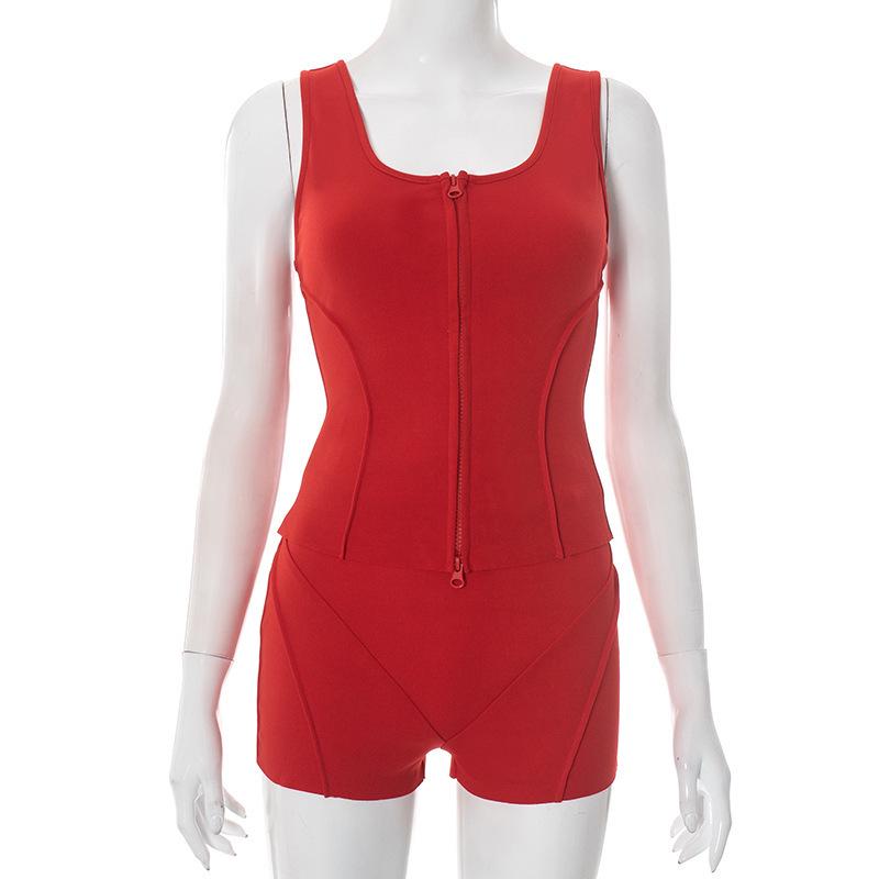 Europäisches & Amerikanisches Mode Schlankes Ärmelloses Reißverschluss Tanktop mit Eng Anliegendem Shorts Set