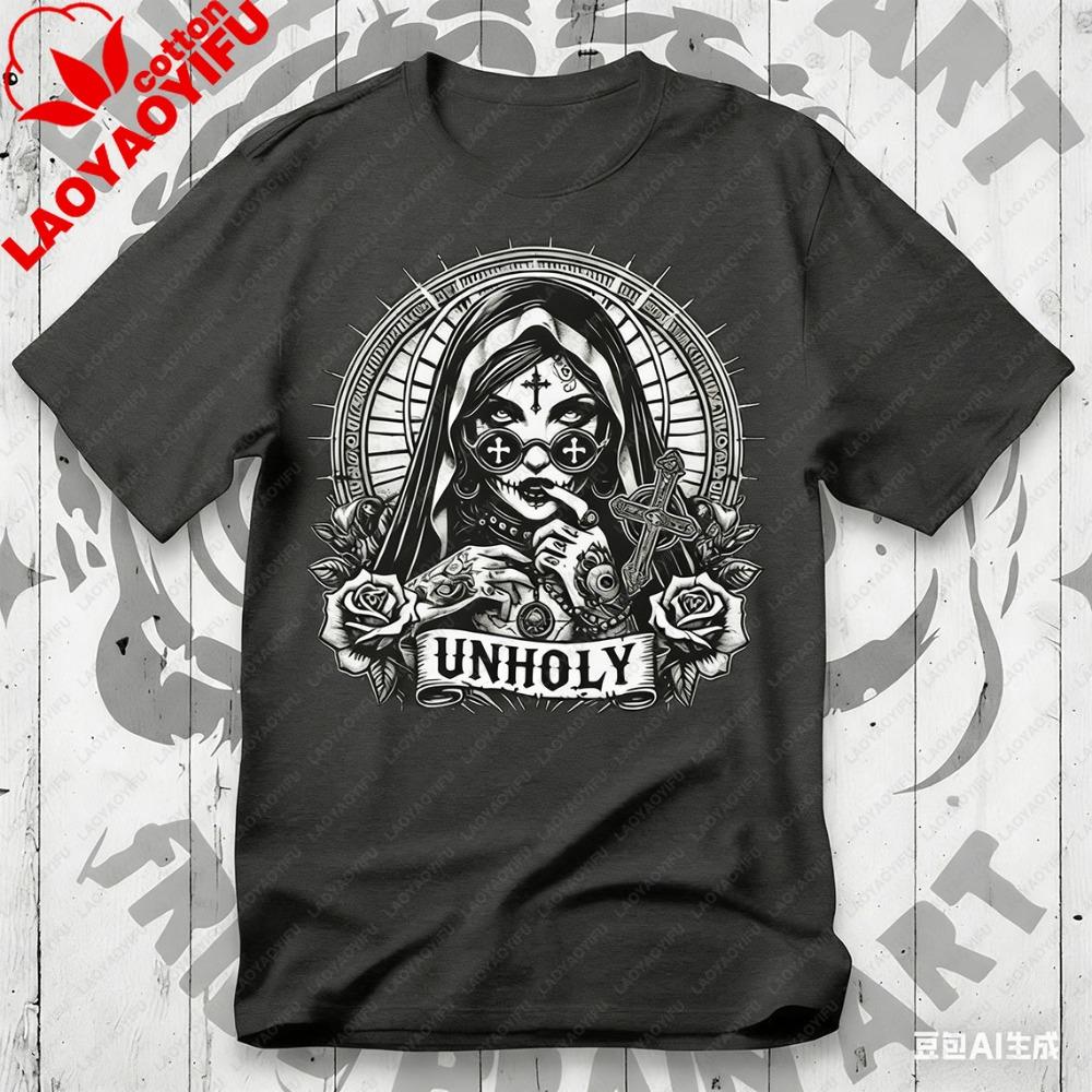 Unholy Nun T-Shirt Gothic Satan Baphomet Halloween Shirt Vintage Ästhetik Kleidung Grafik T-Shirts Y2k Oberteil Hohe Qualität Baumwolle