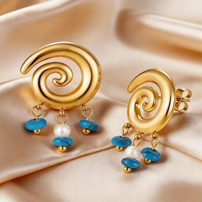 Personalized Unique Design Geometric Spiral Earrings Blue Stone Tassel Stainless Steel Stud Earrings for Women Party Jewelry