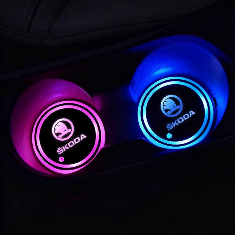 Car LED Cup Holder Lights Mat 7 Color-Changing Light Coasters For Skoda octavia 2 a7 a5 rapid fabia yeti superb SCALA Accessorie